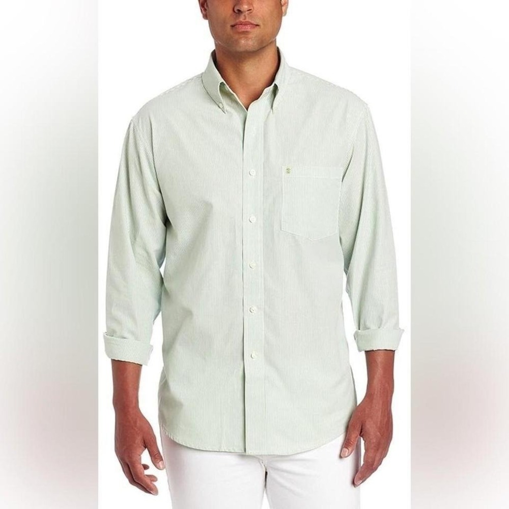 Izod- Men's Mint Green Striped Button Down Shirt‎ Size L